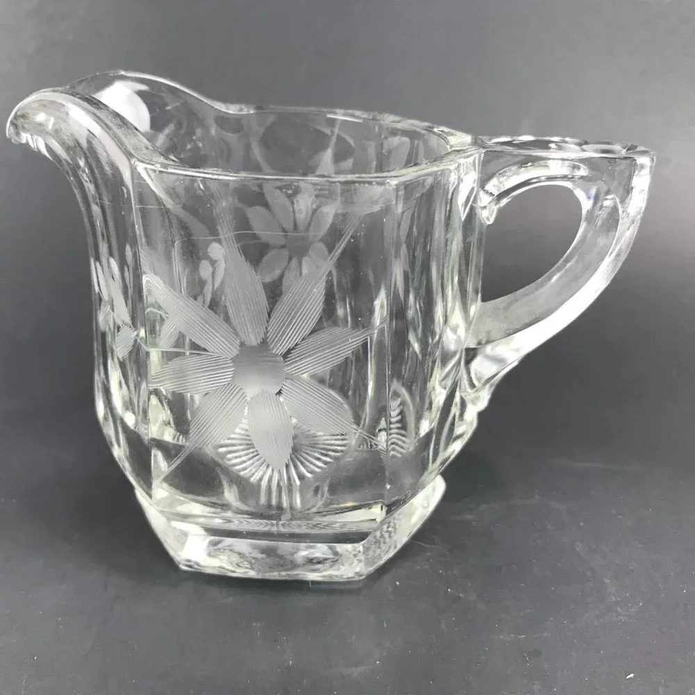 Heavy Vintage hexagonal, etched cream and sugar set